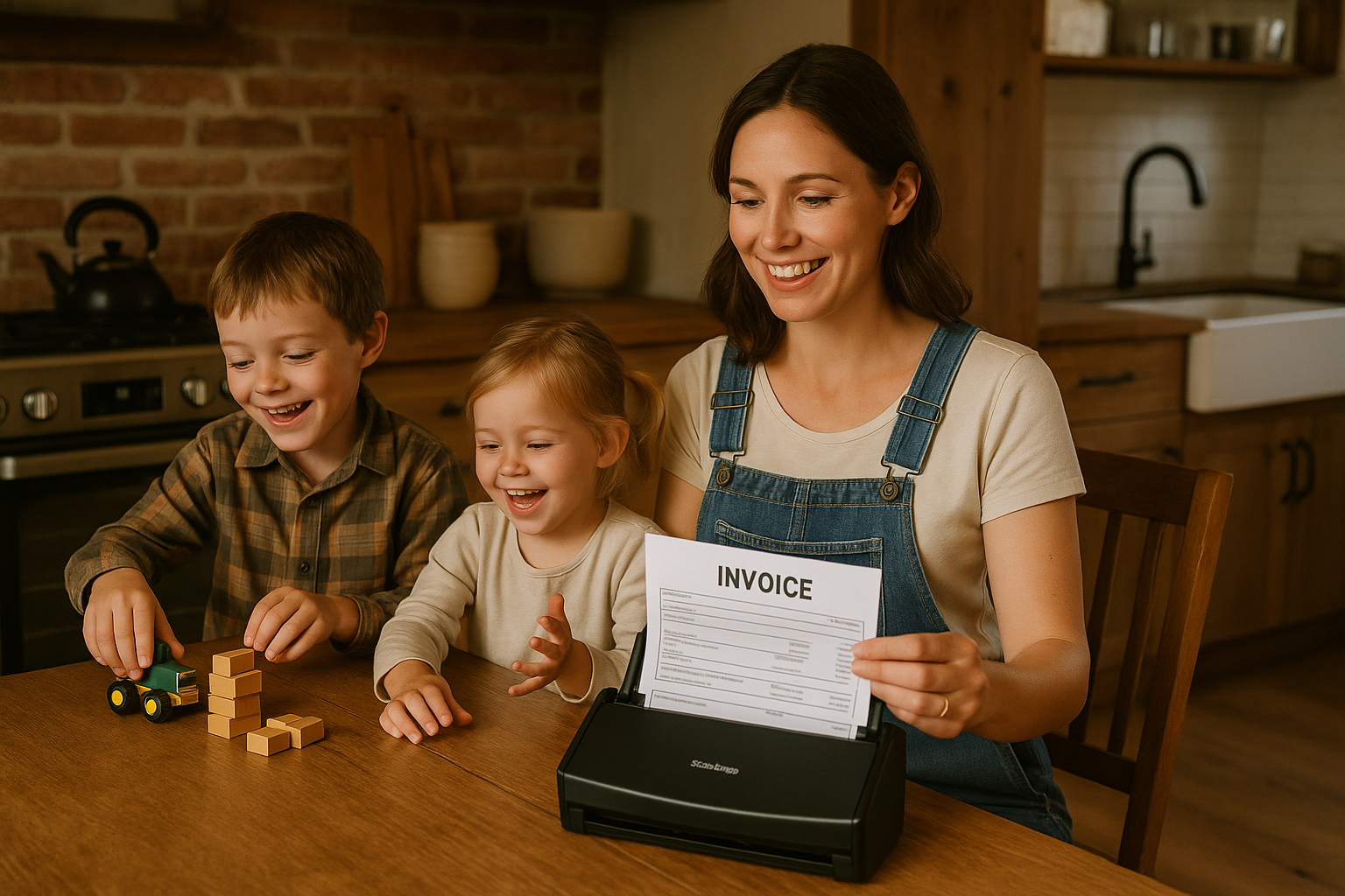Happy family at the kitchen table